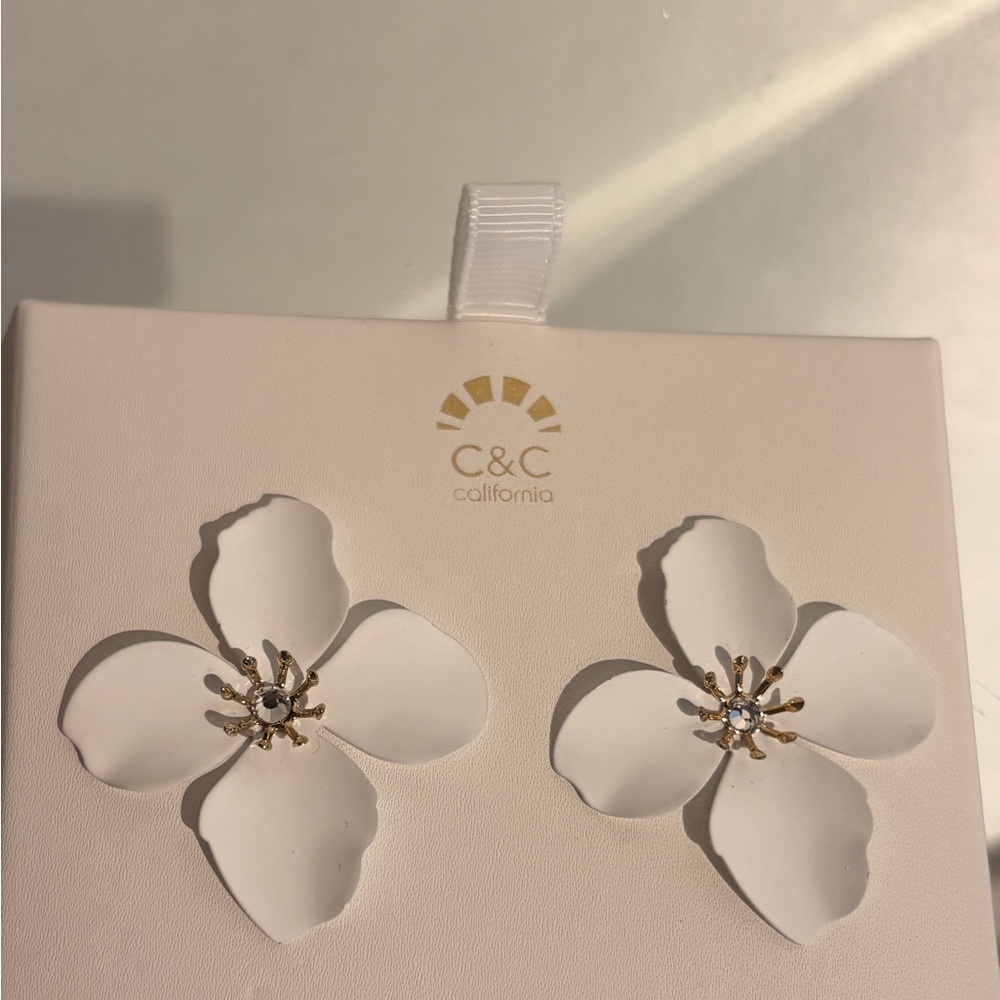 White floral rhinestone statement earrings
